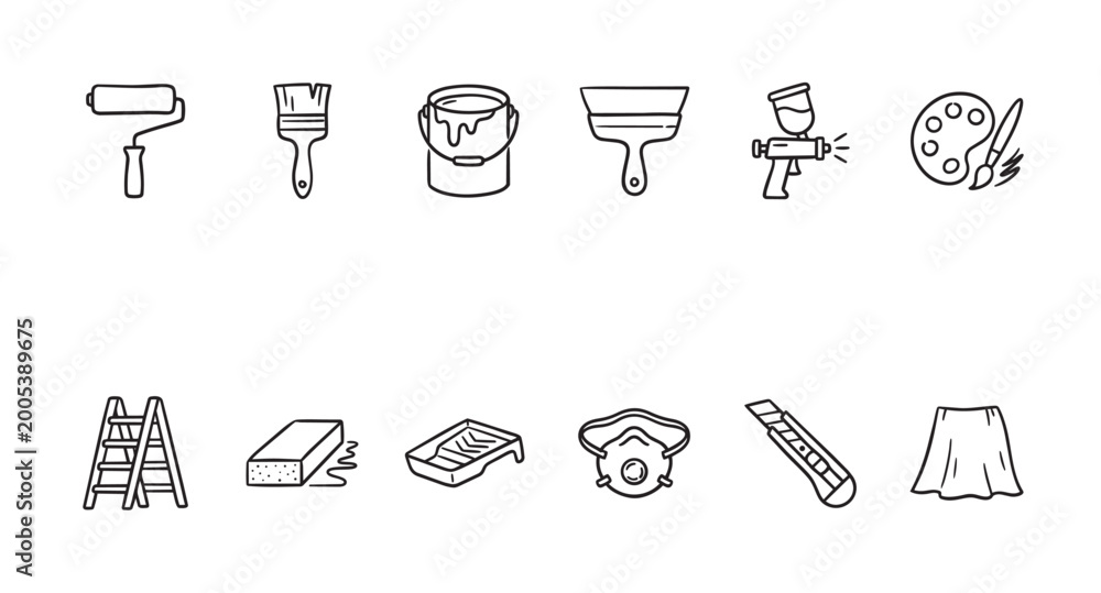 Fototapeta premium A collection of black and white line art icons depicting various tools used for painting and home improvement projects, ideal for design concepts.
