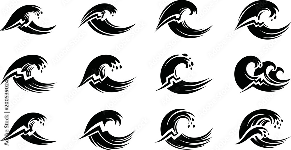 Fototapeta premium Ocean wave silhouette set with dynamic water splash movement for surfing branding eps file.