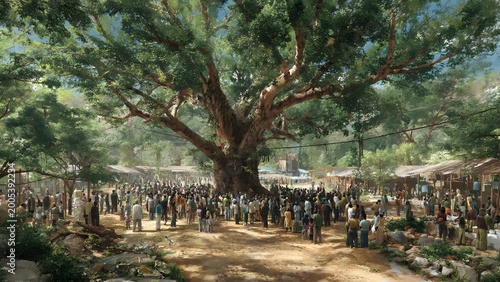 People gathered under a large ancient tree in a bustling outdoor marketplace