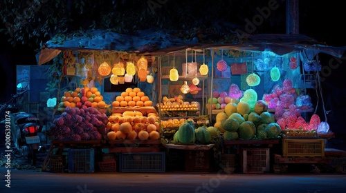 Nighttime fruit stand with colorful fruits and decorative lights