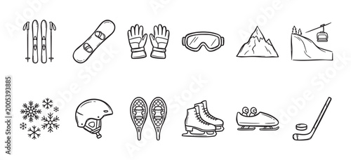 A charming collection of hand-drawn winter sports icons, featuring skis, snowboard, gloves, goggles, mountains, ski lift, snowflakes, helmet, snowshoes, ice skates, bobsled, and hockey gear.