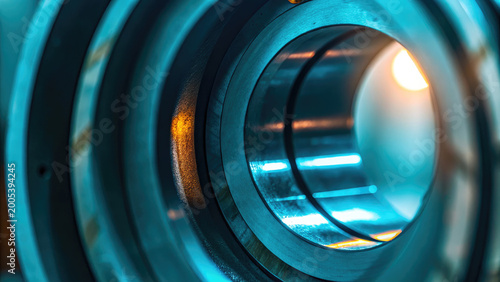 Close-up of camera lens aperture shift concept. Close-up view of a metallic industrial cylinder with vibrant light.
