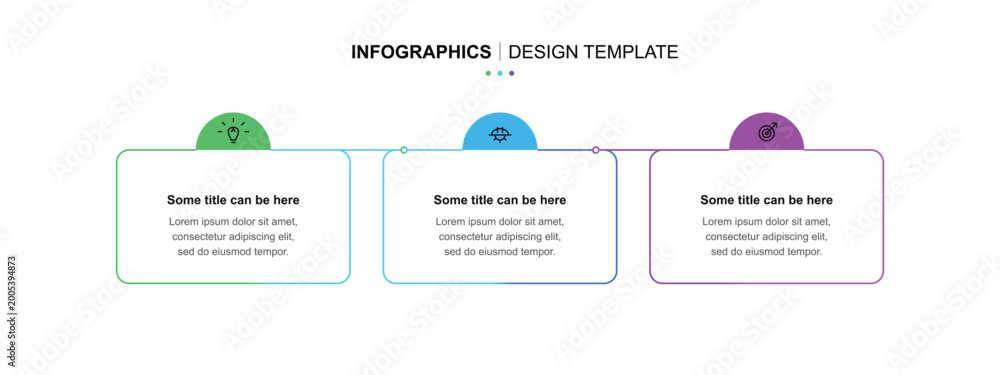 Fototapeta premium Minimalist three step process infographic design template with colorful headers and text boxes for business workflow and simple data sequence presentation.