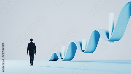 A man walking towards a wavy blue line representing growth and achievement in business concepts