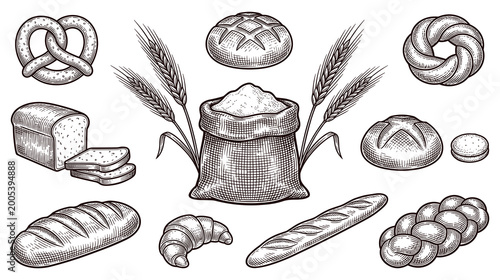 Schilderij op canvas Bakery collection with bread flour sack and wheat stalks illustration