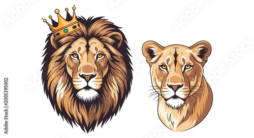 Majestic male lion wearing a golden crown next to a female lioness head in a detailed illustrative portrait on a white background.