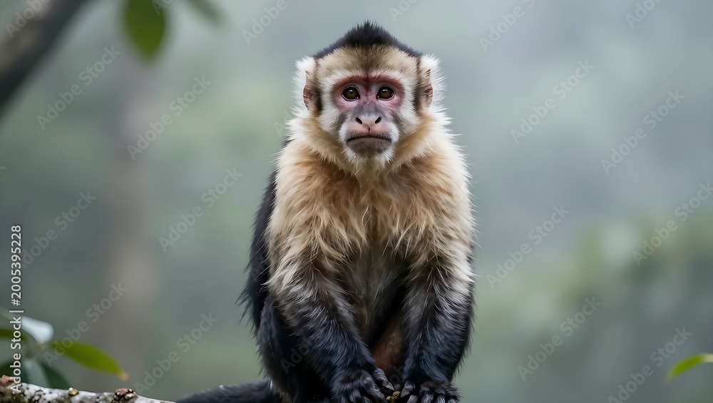 Fototapeta premium Capuchin monkey sitting on a branch in a misty rainforest