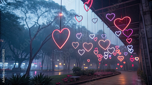 Colorful neon hearts glowing with motion concept. Colorful heart-shaped lights hanging in a foggy urban landscape.