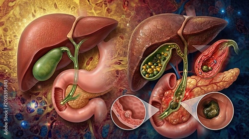 Medical depiction of gallbladder disease, comparing healthy and pathological states, highlighting cholelithiasis, gallstones, and bile duct obstruction in the human digestive system