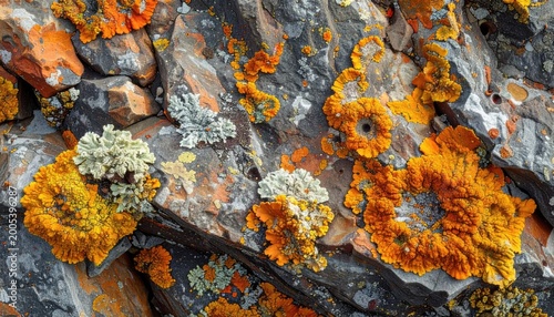 Close up view of colorful lichen on rock surface detailed texture and patterns