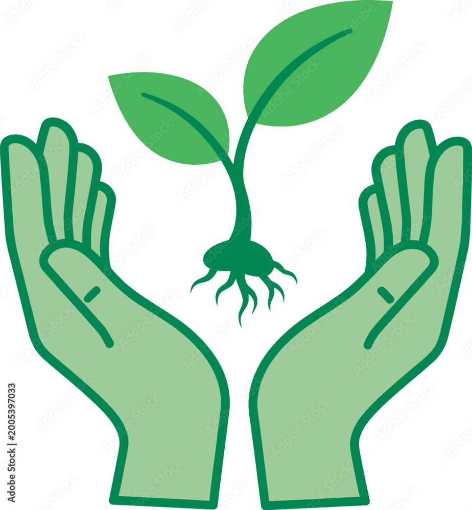 Obraz premium Stylized Green Hands Holding a Young Sapling with Two Leaves for Forestry Conservation and Environmental Awareness Campaigns