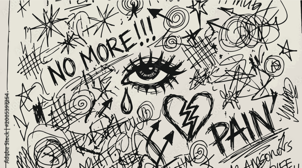 Fototapeta premium Hand-drawn emotional expression with eye, heart, and no more pain message