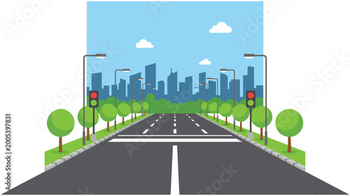 Straight empty city highway road leading to urban skyline background.