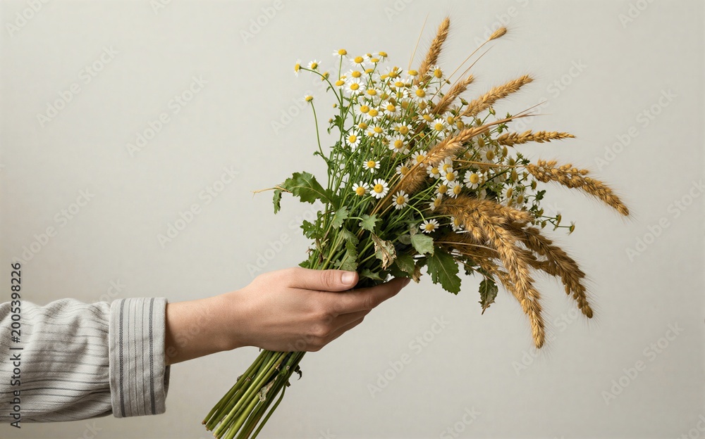 Fototapeta premium Hand holds wildflowers and wheat rustic charm against soft beige