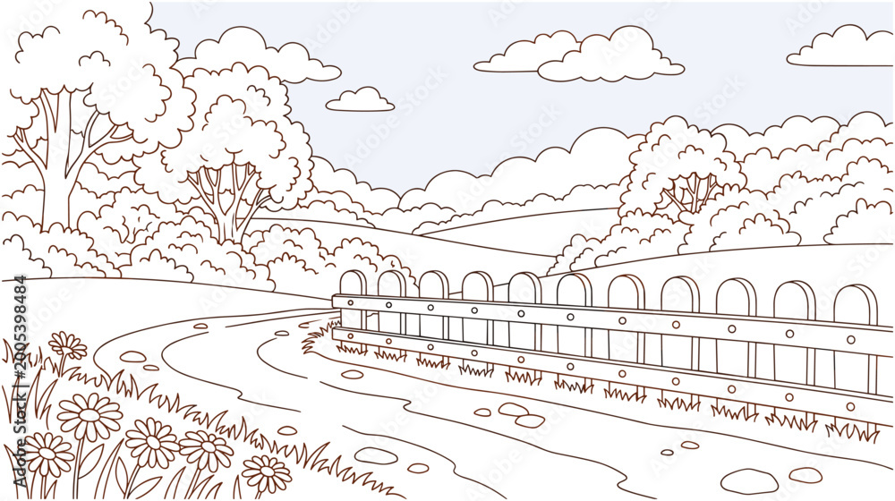 Fototapeta premium Landscape drawing featuring rolling hills with trees clouds and farm fence.