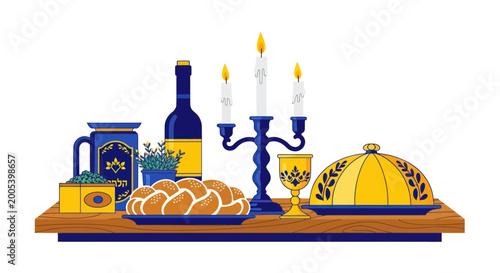 Quadro em tela Shabbat Table Setting with Challah, Wine, Candles, and Food