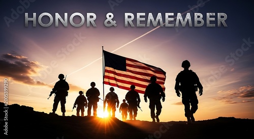 Honor and Remember Soldiers Silhouette with US Flag at Sunset