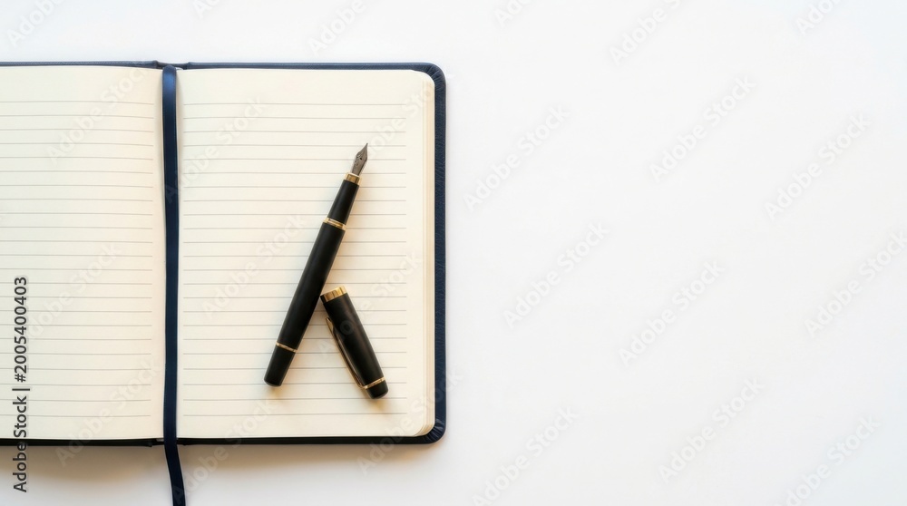 Naklejka premium Open Notebook with Fountain Pen on White Background