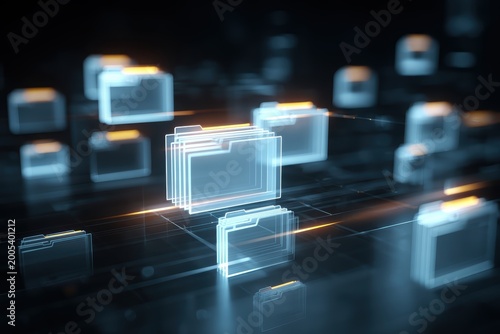 Digital data folders organized in futuristic network system