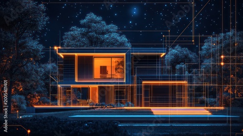 Smart home design at night, network connection,  outdoor pool, trees. Use Architectural visualization