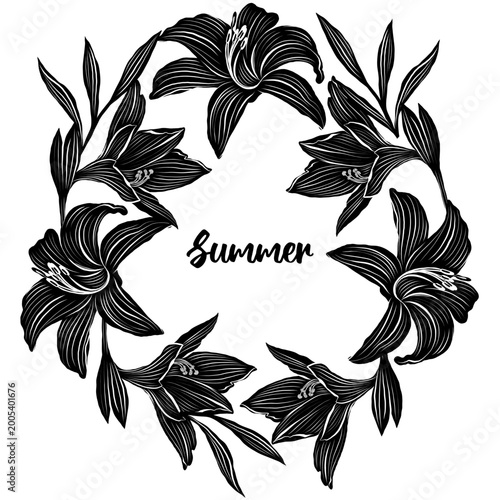 Black and white vector card with lilies