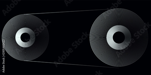 Εκτύπωση καμβά Abstract vector illustration of a mechanical belt drive system connecting two rotating gears or pulleys with a futuristic silver metallic wireframe style on a black background