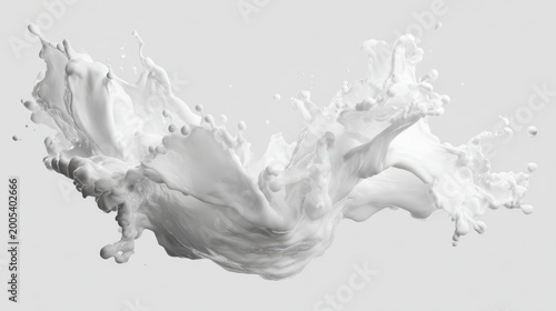 Dynamic splash of thick white opaque liquid exploding mid-air in bright even studio lighting, front-facing view isolated on white background with subtle shadow for abstract art and dairy concept