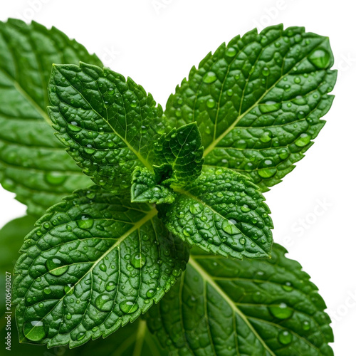 Fresh green mint leaves with water drops isolated on transparent background
