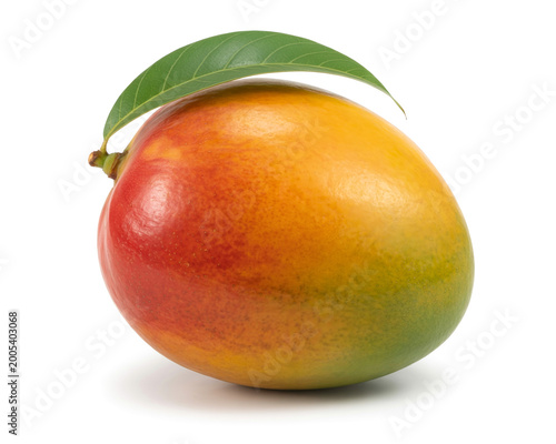 Close-up of a single red and green apple with a leaf on a white background