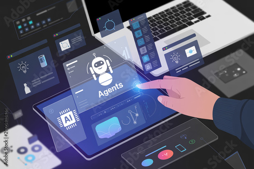 Futuristic digital interface with glowing blue screens and a hand interacting with a holographic agent