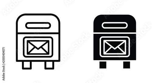 Mailbox icon set with classic post box design in outline and solid black vector style for communication services and postal delivery mobile application interfaces on white background