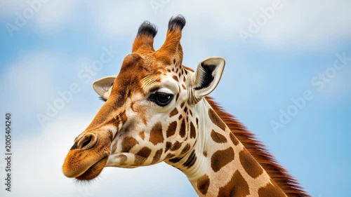 Closeup portrait of a giraffe against a blue sky