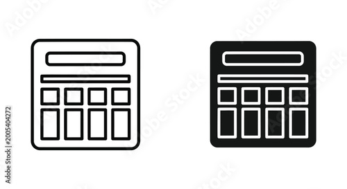 Calculator or mobile keypad grid icon set with square layout in outline and solid black styles for business productivity and data entry applications