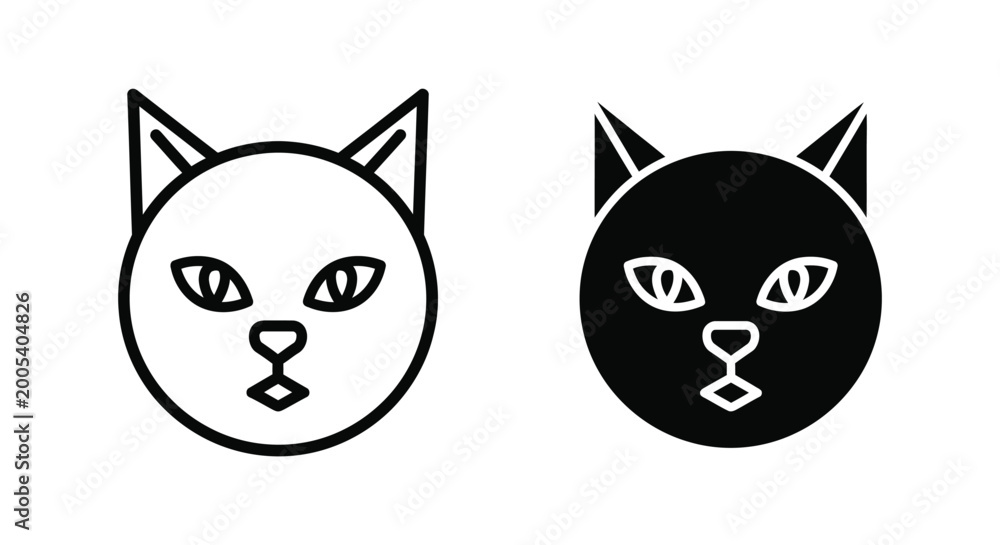 Fototapeta premium Cat face icon symbol outline and solid silhouette vector graphic illustration
