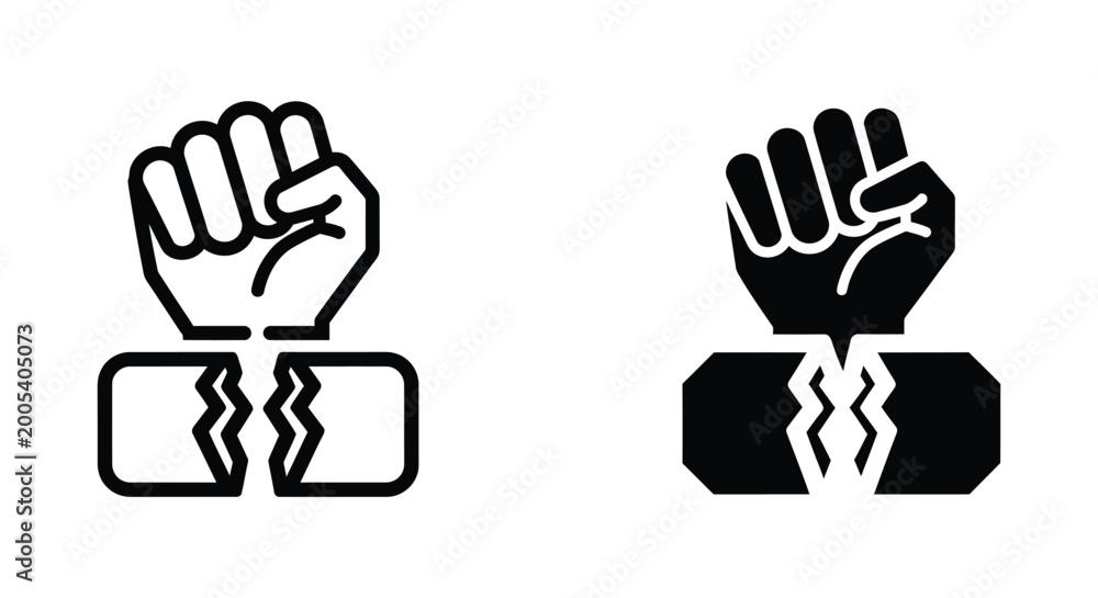 Obraz premium Raised fist breaking through chains symbol in outline and solid black vector graphics for freedom