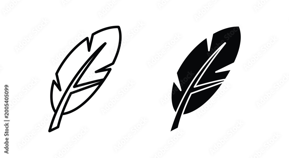 Obraz premium Feather quill pen outline and solid black silhouette vector graphics for writing and creativity