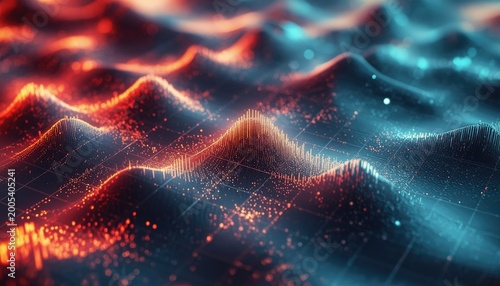 Glowing blue fractal lines create a seamless wave pattern of electric energy and light in a black space storm illustration