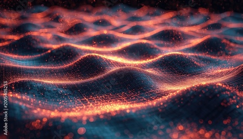 Glowing blue fractal lines create a seamless wave pattern of electric energy and light in a black space storm illustration