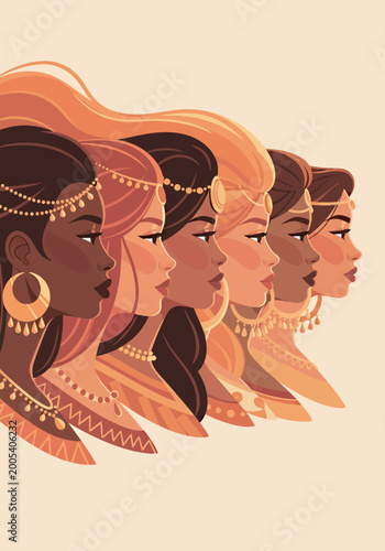 Photos Group of Diverse Tribal Women Wearing Golden Jewelry and Traditional Headpieces