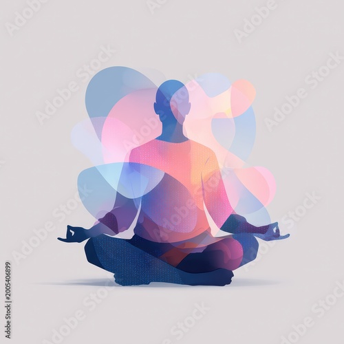 Close-up person meditating in lotus position with mudra hand gesture surrounded by floating abstract geometric shape, mindfulness and conscious thought visualization concept