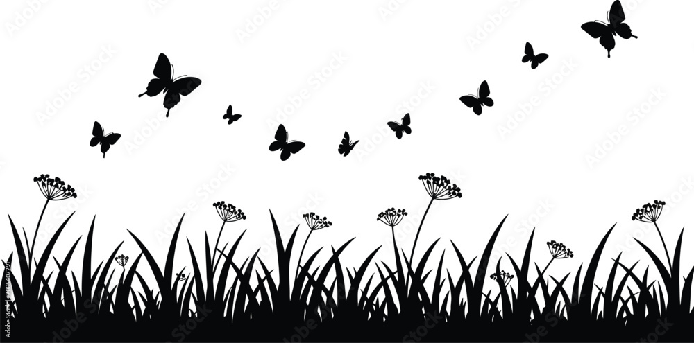 Obraz premium Butterflies Flying Over Grass Field and Wildflowers Silhouette Vector Border