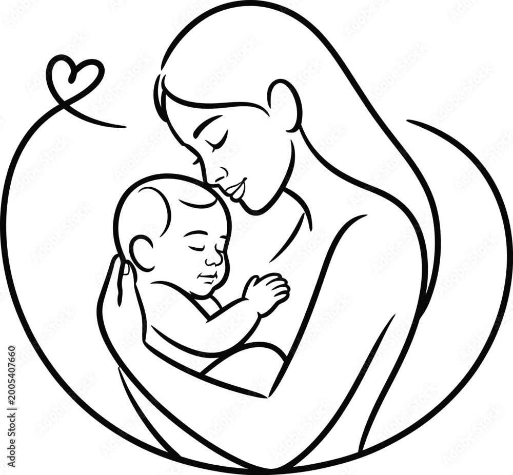 Obraz premium Black line drawing of a mother and child’s faces.
