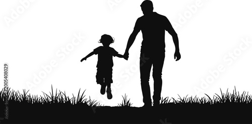 A black silhouette of a father holding his son's hand.