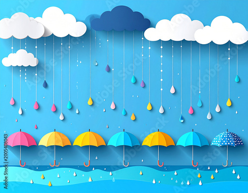 Vibrant Paper Cut Style Rainy Day Scene with Colorful Umbrellas and Clouds