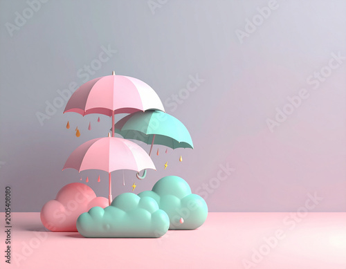 Minimalist 3D Illustration of Pastel Pink and Mint Green Umbrellas and Clouds, Whimsical Weather Concept Art Background