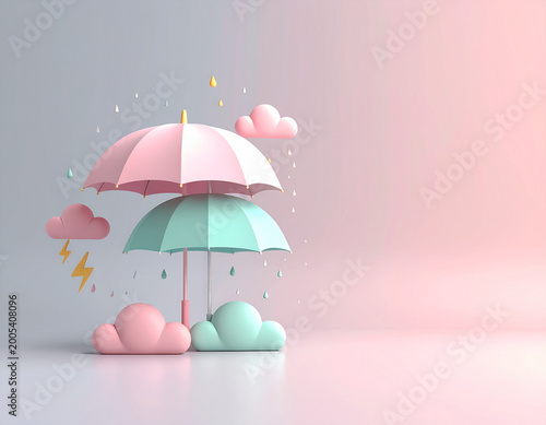 3D Whimsical Pastel Umbrellas with Clouds and Raindrops on Soft Background