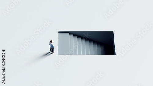 Man standing at edge of rectangular pit with stairs leading down representing business opportunity deep dive and strategy discovery, 3d render