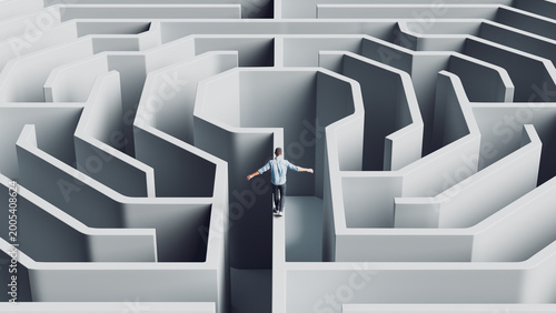 Man balancing on narrow wall above complex maze representing business risk management and strategy, 3d render