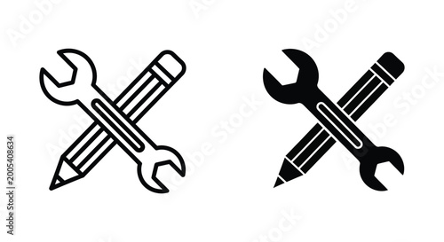 Pencil and wrench crossed icon set representing creative maintenance and design repair services in line art and solid glyph styles for professional branding and technical education