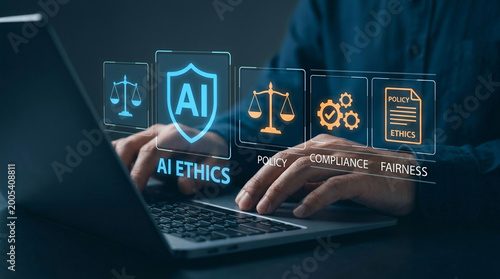 Photos Businessman presenting digital law and justice icons with legal scale, document, and court symbols